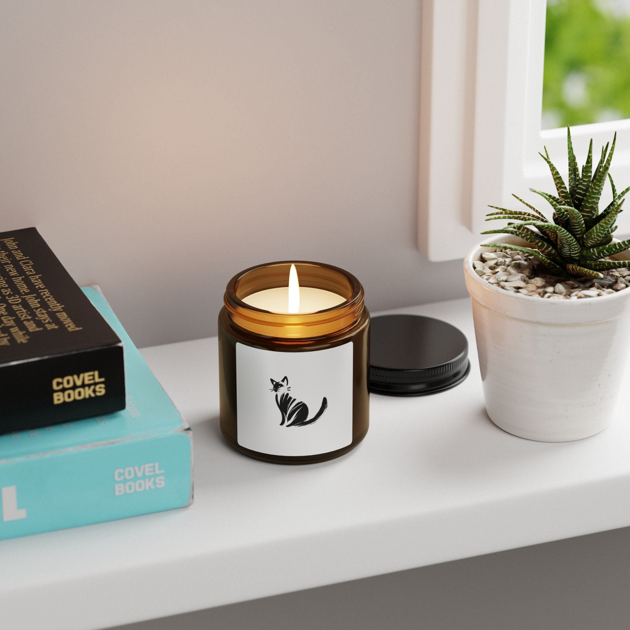 Sweet Cat Illustration Candle Amber Jar | Scented Soy Candle