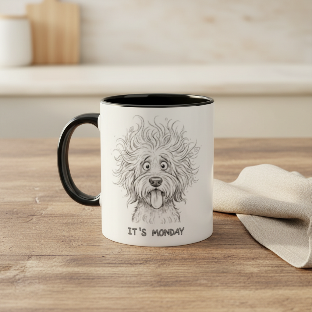 It's Monday Dog Mug — Cute Fluffy Pup Coffee Accent Mug, Funny Workweek Gift