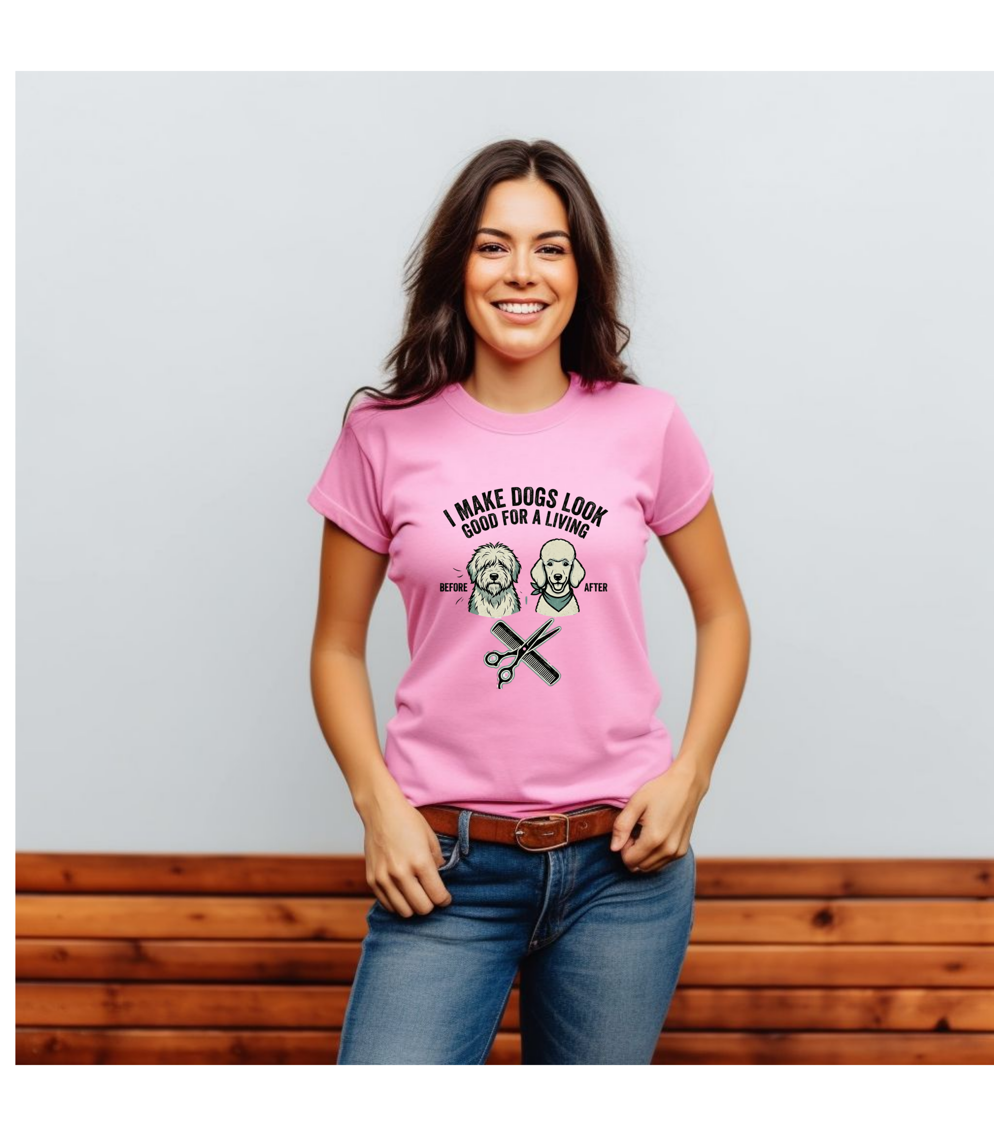 Dog Groomer T‑Shirt – "I Make Dogs Look Good for a Living" Before & After Tee